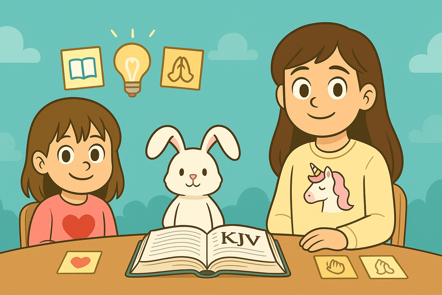 wide pastel banner of Ariel, Alice, and Mr. Fluffernutter at a table with a KJV Bible and icon sticky notes, teal background, no other people