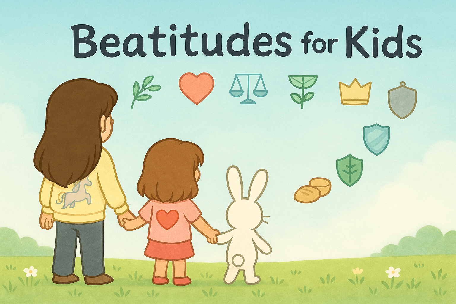 wide banner with two sisters and a white bunny viewing Beatitudes icons from behind