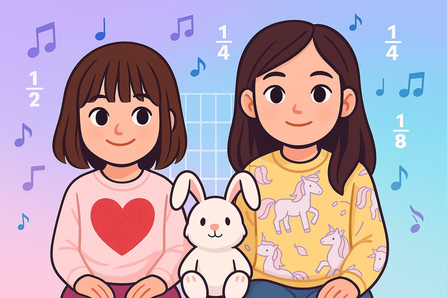 Two illustrated sisters with their white bunny mascot sitting together, surrounded by music notes and fraction symbols, for the Music & Math Studio learning app.