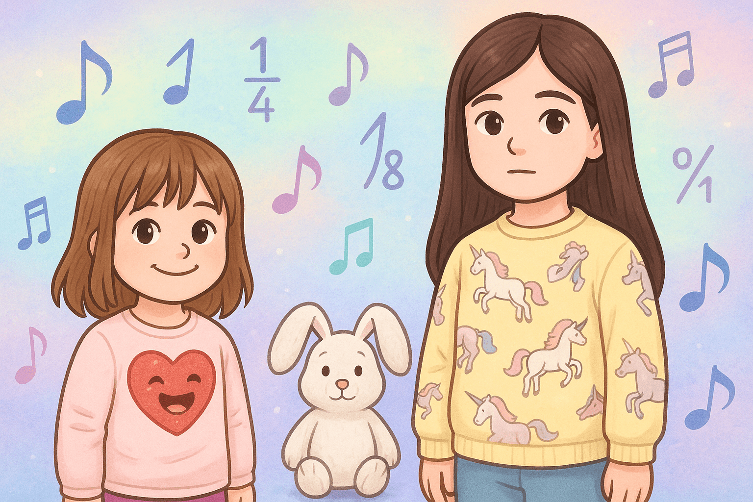 Ariel, Alice, and Mr. Fluffernutter exploring fractions with music in a whimsical banner