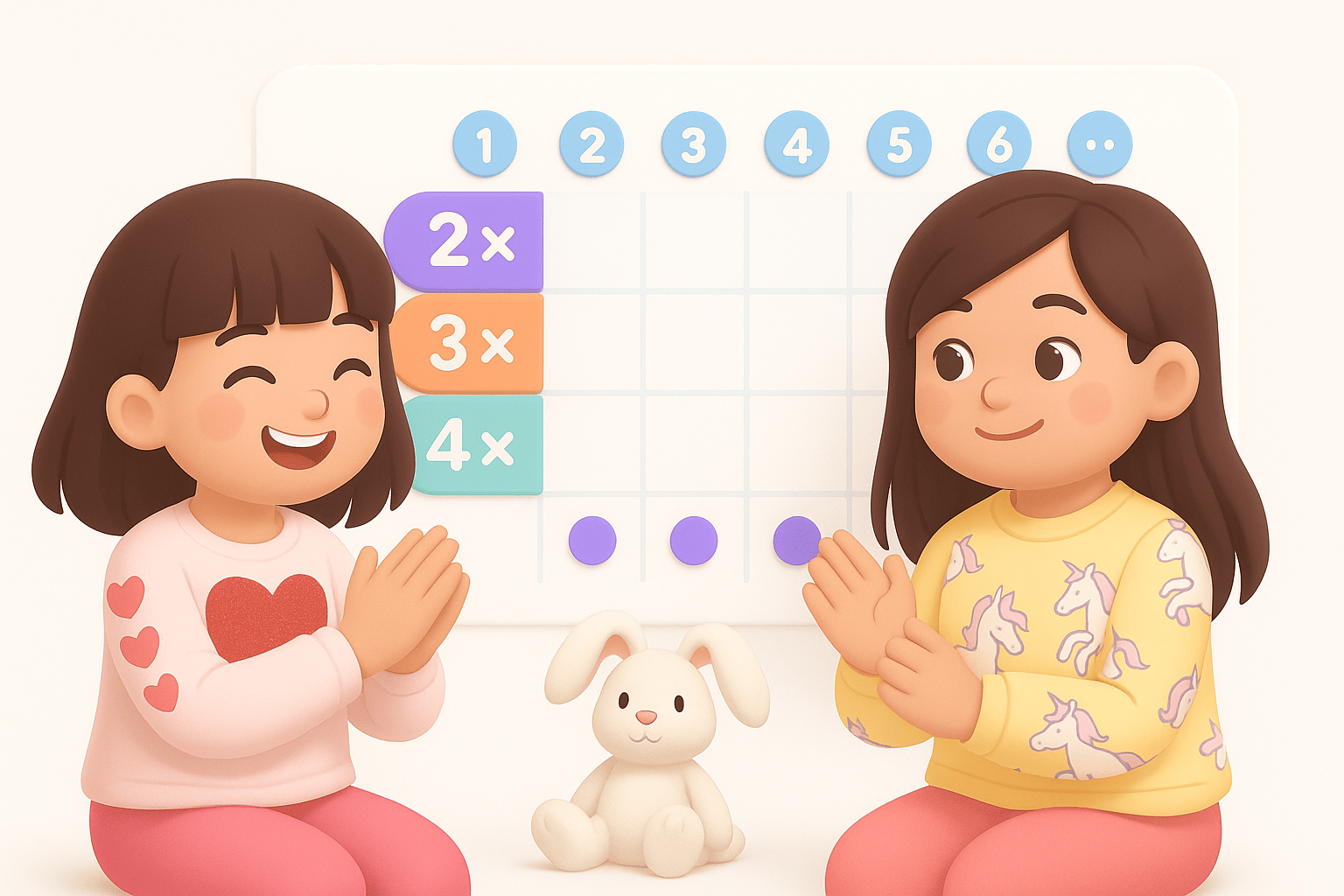 Two children clap along to glowing times-table dots beside a clean pastel multiplication grid with 1–12 columns.