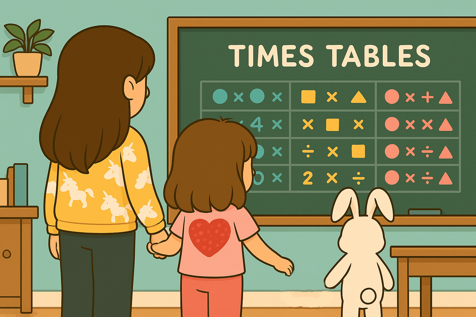 back-view banner of Ariel, Alice, and Fluffernutter looking at a colorful times-tables board