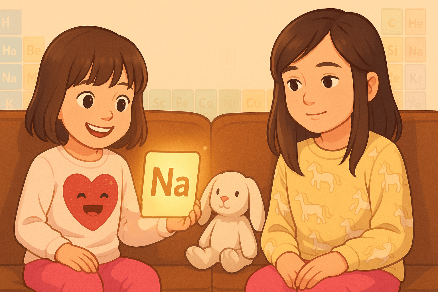Two kids on a couch holding a glowing Na (sodium) card with a white bunny; soft periodic table backdrop — Periodic Table Adventure.