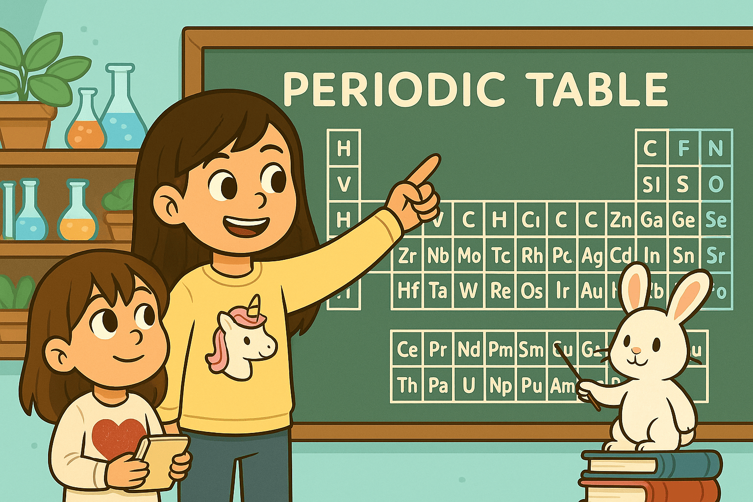 Ariel, Alice, and Fluffernutter explore the periodic table in a cartoon classroom.