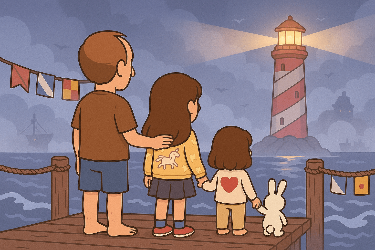 Family at foggy harbor pier with lighthouse glowing in the distance, Ariel, Alice, Daddy Ryan, and Fluffernutter shown in back-view