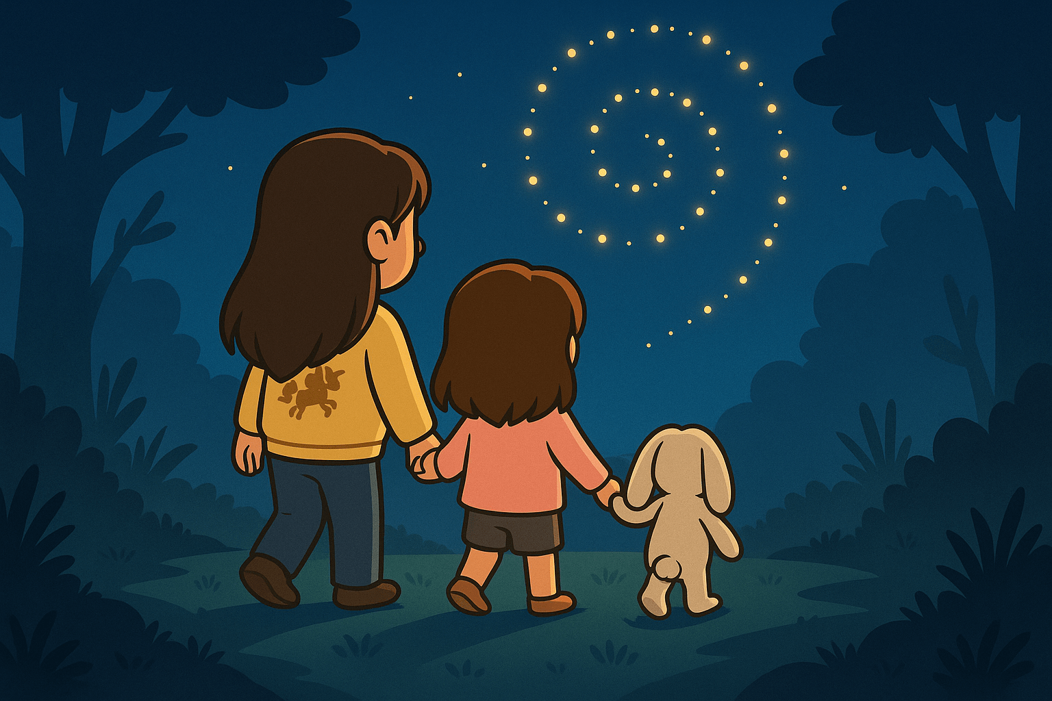 Ariel, Alice, and Fluffernutter follow a spiral of fireflies in a night forest banner