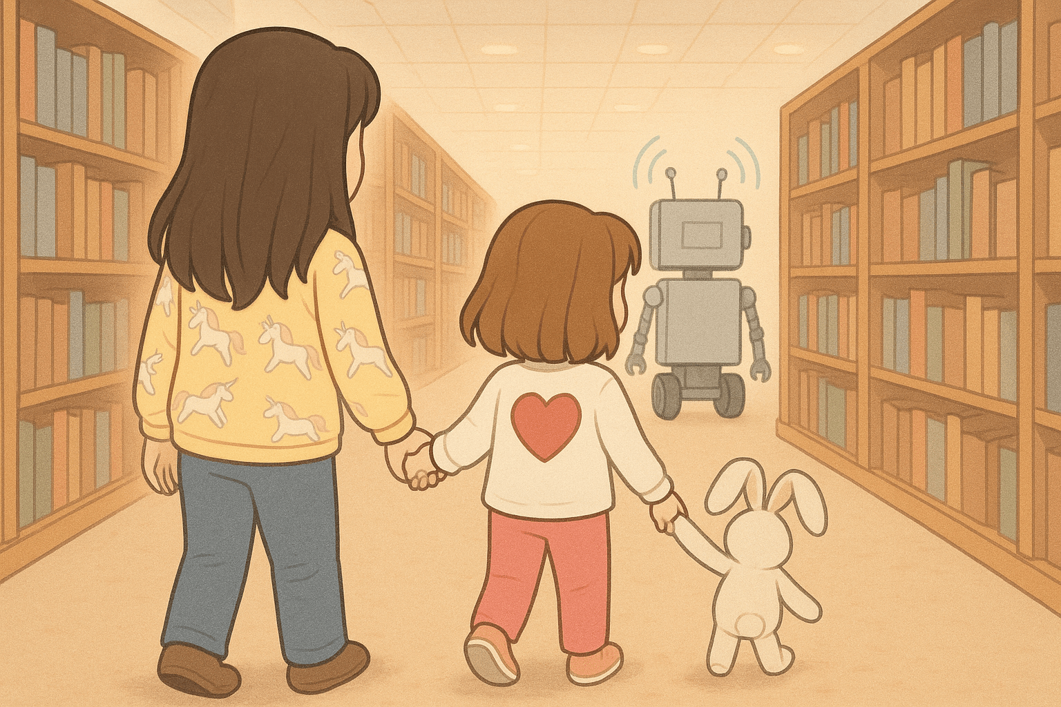 Ariel, Alice, and Fluffernutter guide a friendly robot through a library aisle, back view only, with echo pings drawn as gentle lines
