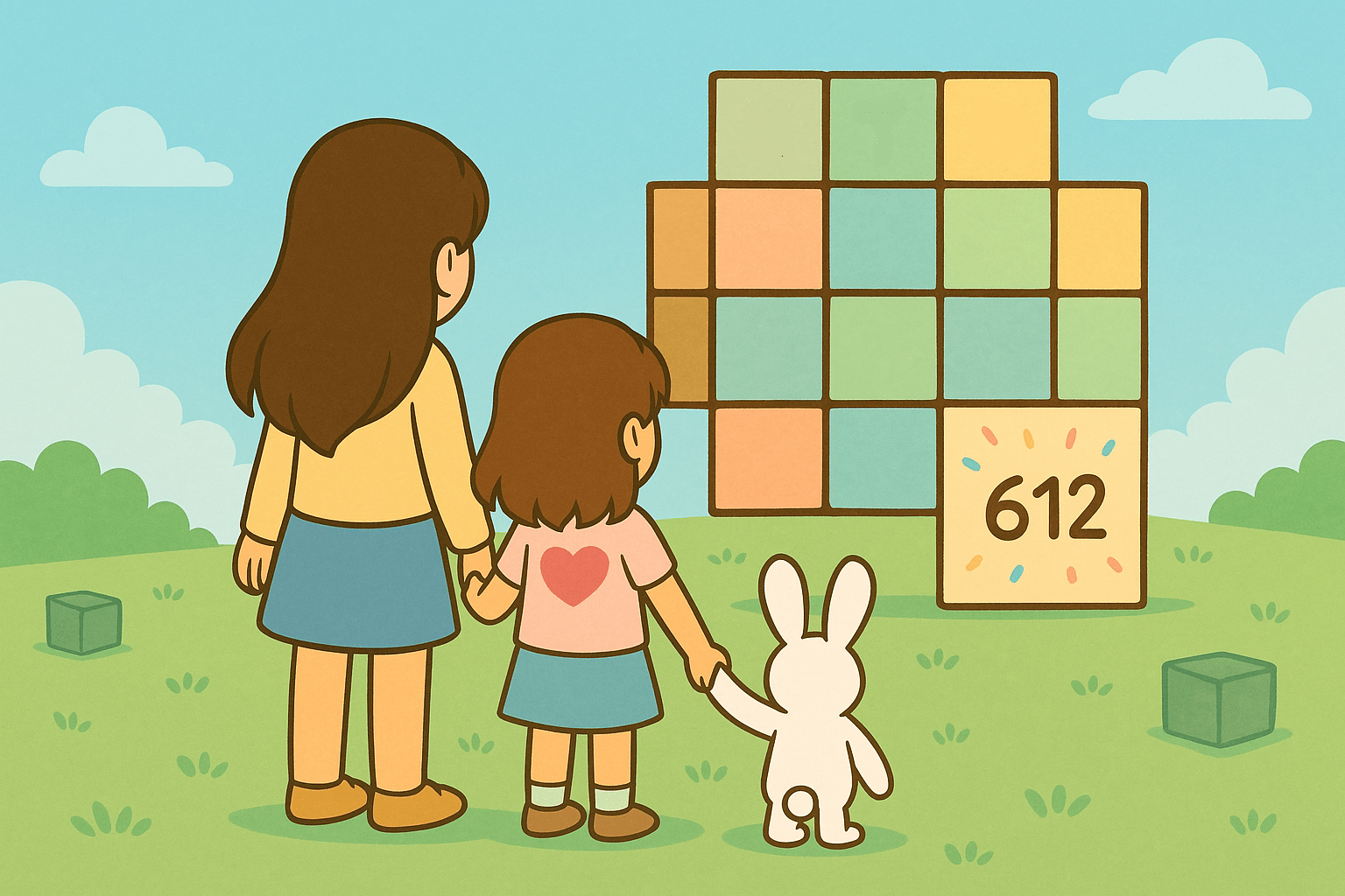 wide pastel banner showing two sisters and a white bunny from behind, hand-in-hand, looking at a blocky multiplication grid