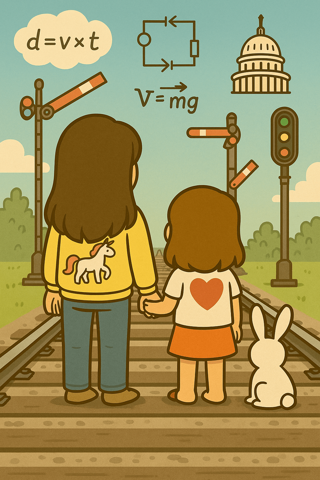 Back view of two sisters, Ariel in a yellow unicorn sweater and Alice in a white shirt with a red heart, standing with their bunny Fluffernutter on train tracks under signal lights and floating STEM icons.