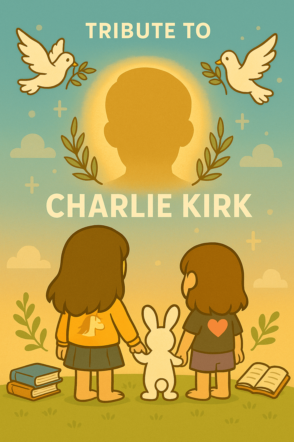 storybook tribute illustration with Ariel, Alice, and Fluffernutter honoring Charlie Kirk beneath glowing silhouette with doves, olive branches, and books