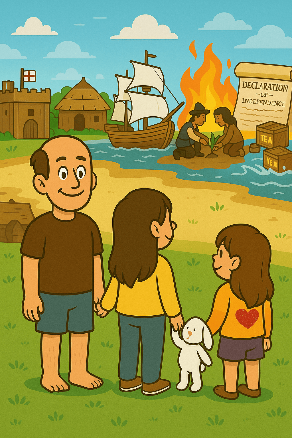 Cartoon-style illustration of Daddy Ryan with daughters Ariel and Alice and their bunny Fluffernutter looking at a timeline of America’s founding, including Jamestown fort, Wampanoag village, Mayflower ship, Native farming, Boston Tea Party crates, flames of war, and the Declaration of Independence.