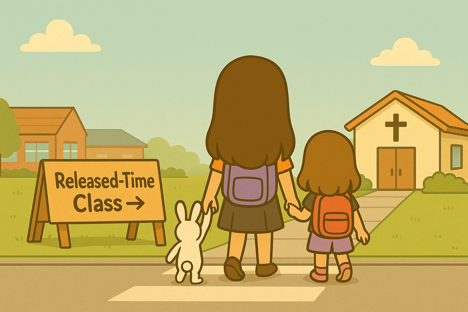 Back view of Ariel (taller, long dark-brown hair) holding Alice’s hand while Mr. Fluffernutter, a small white bunny, holds Alice’s other hand as they cross a school sidewalk toward a simple off-campus building with a cross; A-frame sign reads “Released-Time Class →”; flat-vector pastel illustration; Released-Time Bible Education 2025.