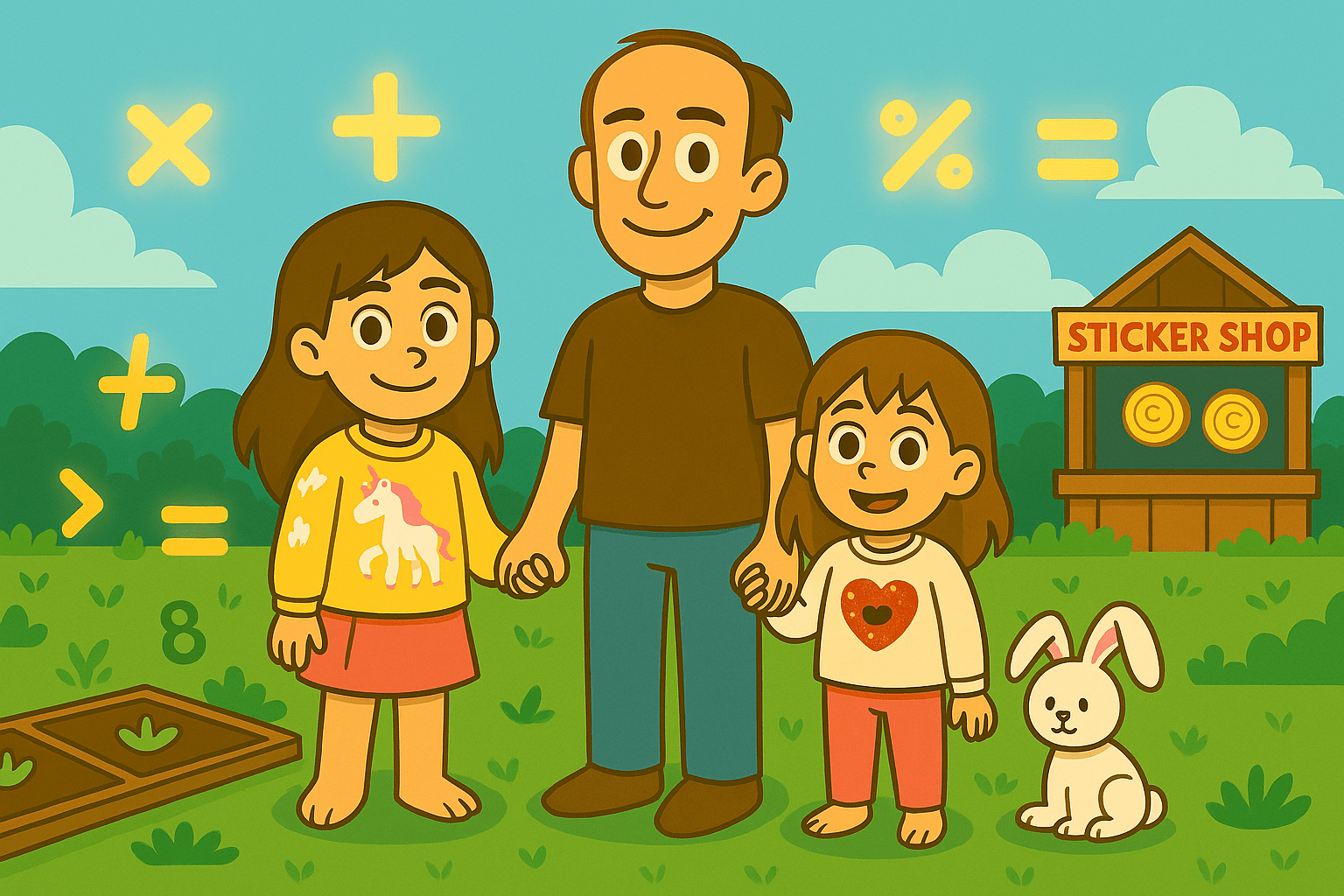 Ariel in a yellow unicorn sweater, Alice in a red heart shirt, Daddy Ryan, and Mr. Fluffernutter the white bunny stand in a whimsical math garden with glowing multiplication symbols, number plants, and a sticker shop in the background.