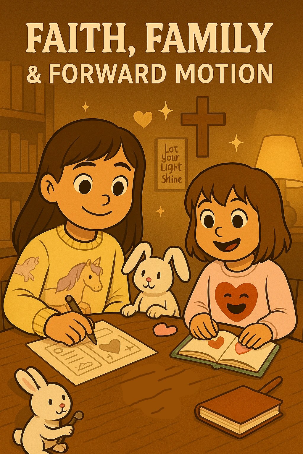 Ariel and Alice creating at their homeschool table with Mr. Fluffernutter, symbolizing faith, family, and creative learning.