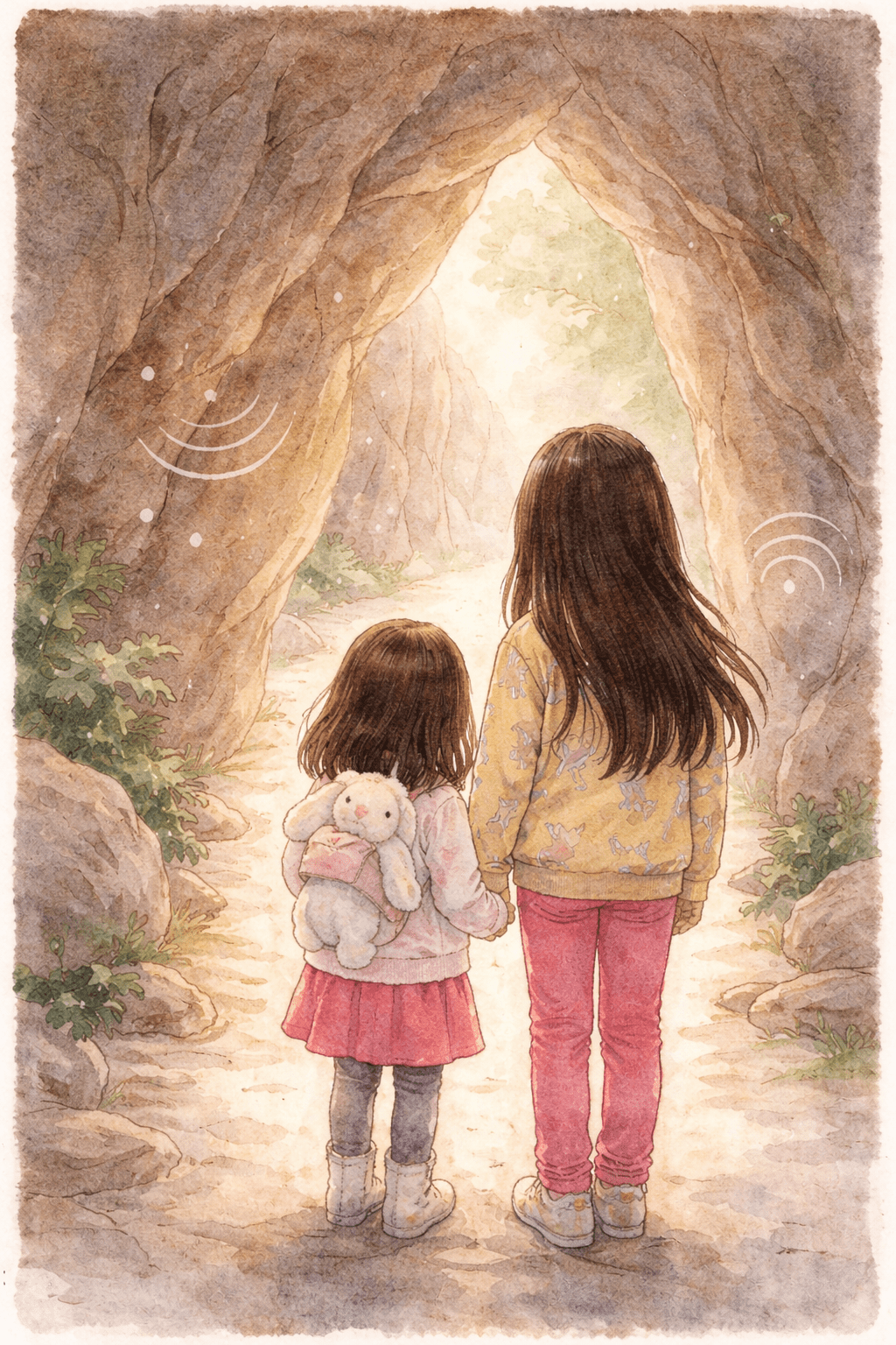 Ariel and Alice stand hand in hand at the entrance of Echo Canyon, seen from behind, as soft echo symbols float along curved stone walls while Alice holds Mr. Fluffernutter, inviting readers into a calm, faith-inspired choose-your-own-adventure story.