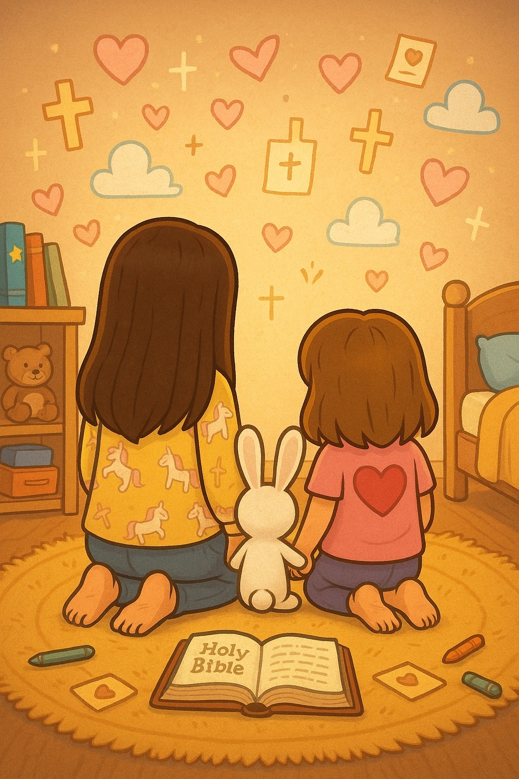 Kids kneeling on a rug from behind as Ariel, Alice, and Mr. Fluffernutter pray together in a cozy room with doodles of hearts and crosses above an open children’s Bible.