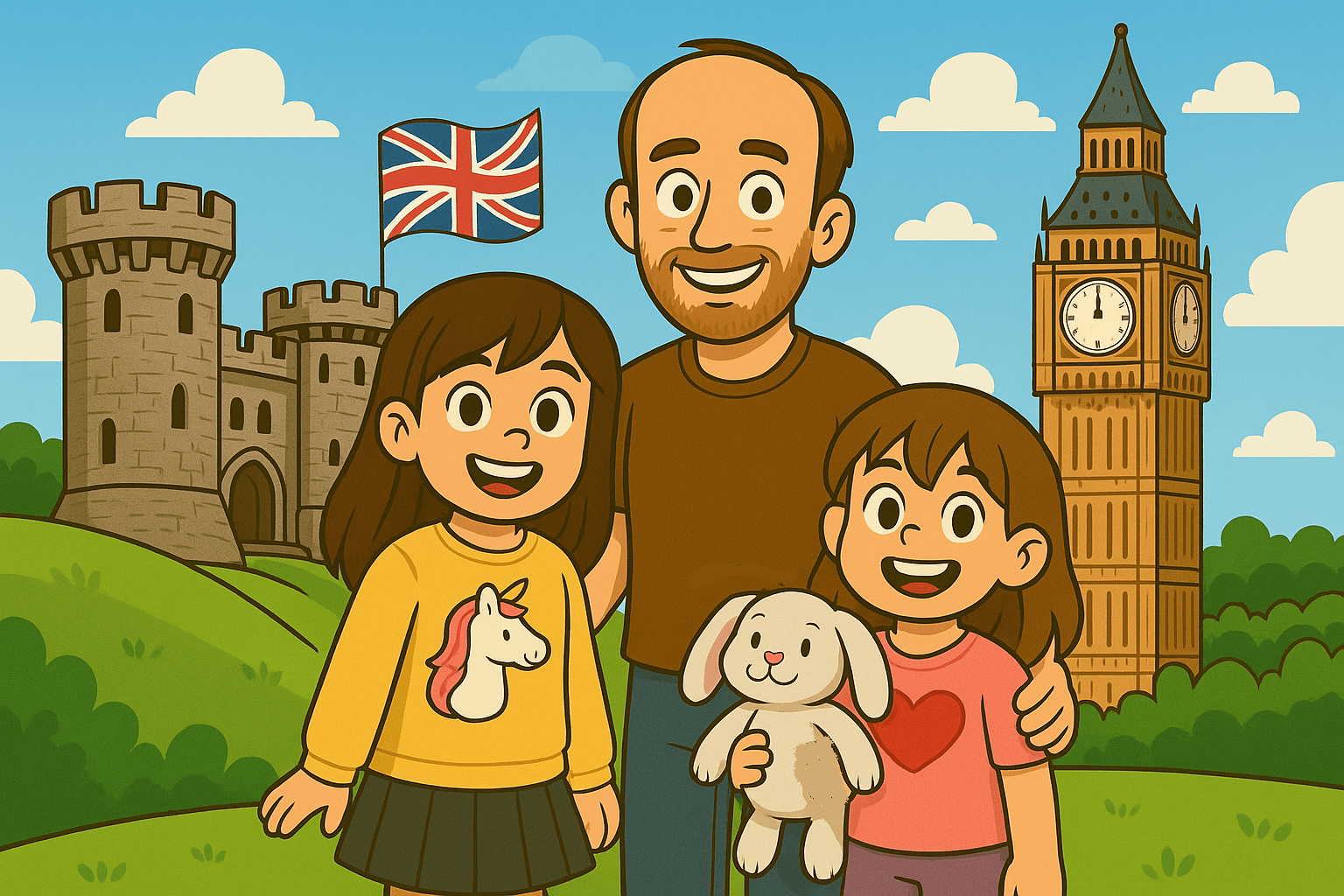 Daddy Ryan with daughters Ariel and Alice, holding Mr. Fluffernutter, exploring UK landmarks with Big Ben, a medieval castle, and Union Jack flag.
