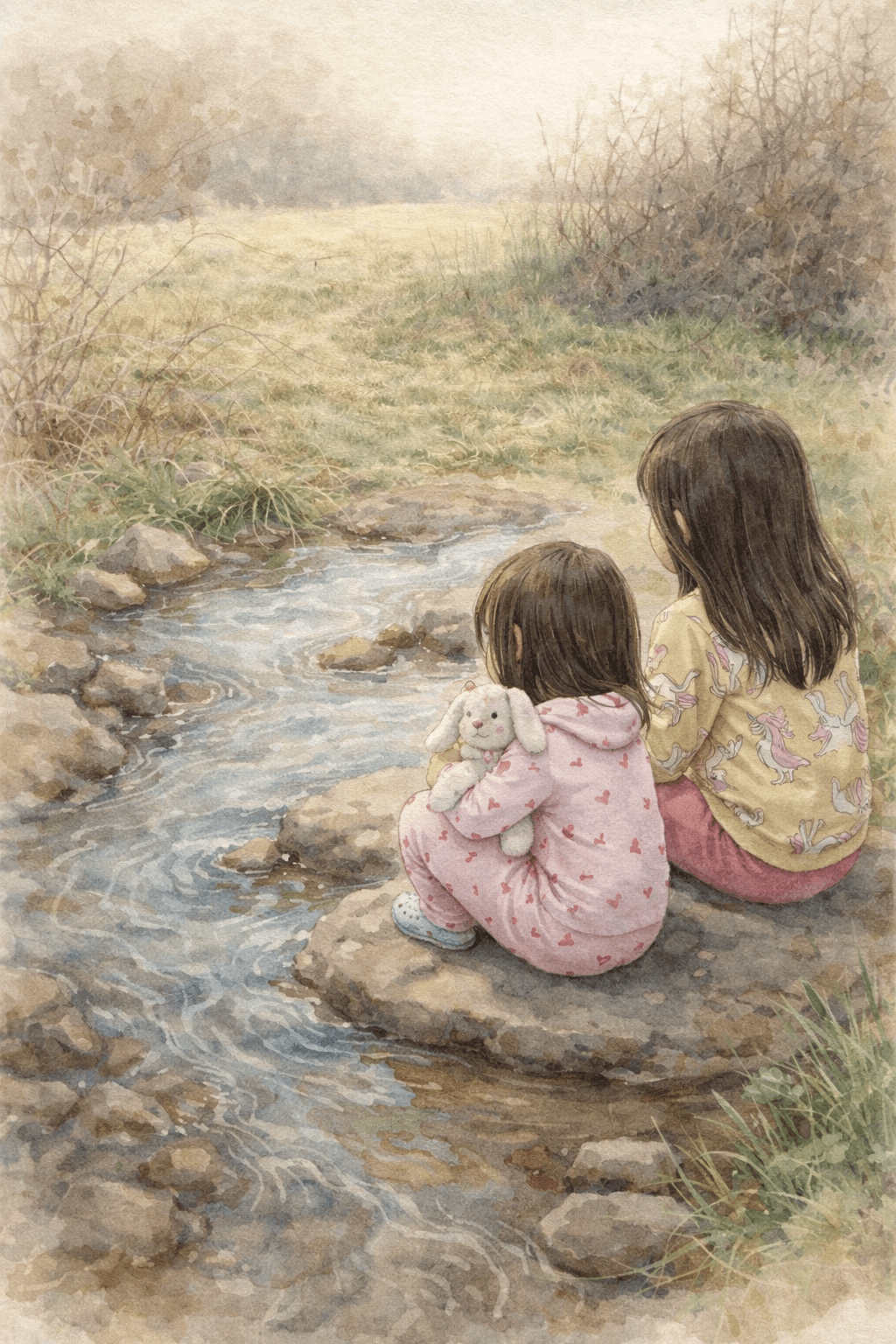 Two sisters sit quietly on a rock beside a gentle stream, viewed from behind, observing flowing water and stones in a peaceful outdoor homeschool moment.