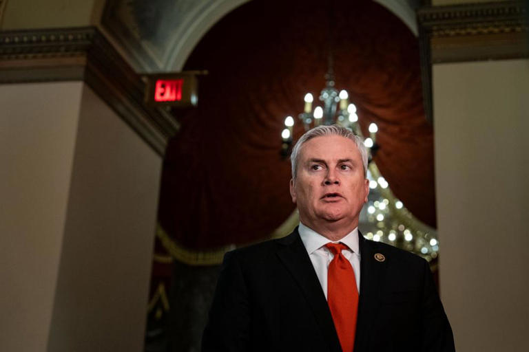 Rep. James Comer prepares for a television interview at the Capitol, Jan. 18, 2024. Rep. James Comer prepares for a television interview at the Capitol, Jan. 18, 2024.