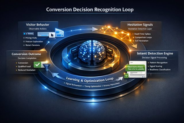 3D diagram of a Conversion Decision Recognition Loop showing how proactive AI identifies visitor behavior, detects hesitation signals, processes intent, triggers real-time interventions, and drives conversion outcomes through a continuous optimization loop