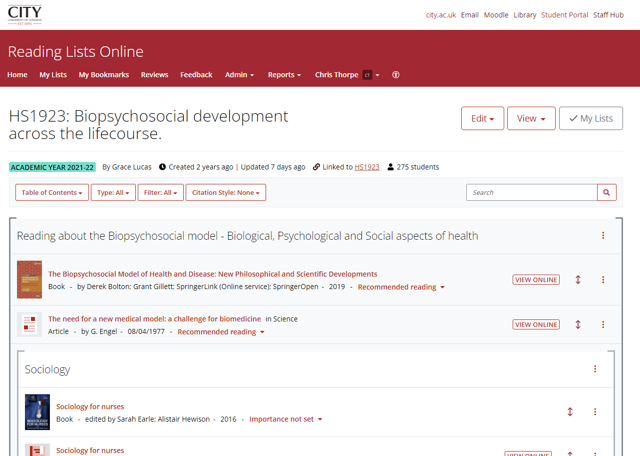 Screenshot of reading lists online.