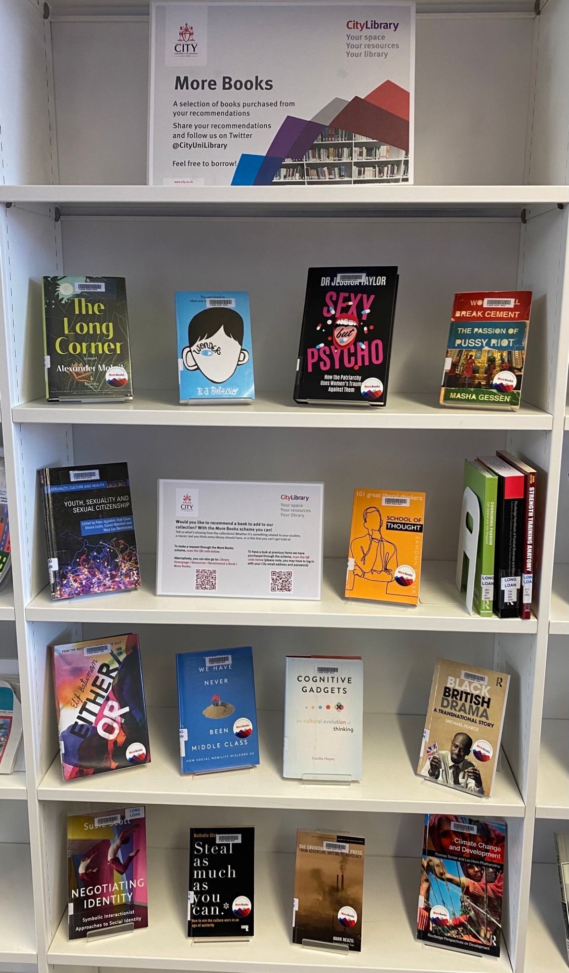 A book display of print books on a white bookshelf, with a large sign that reads "More Books"