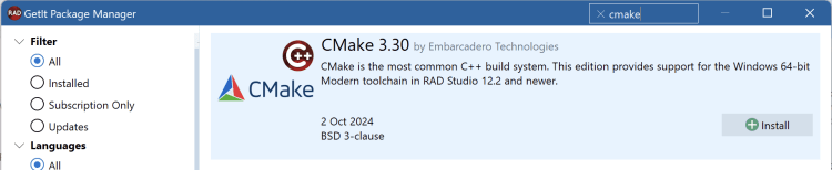 Picture of the GetIt package manager dialog with CMake visible