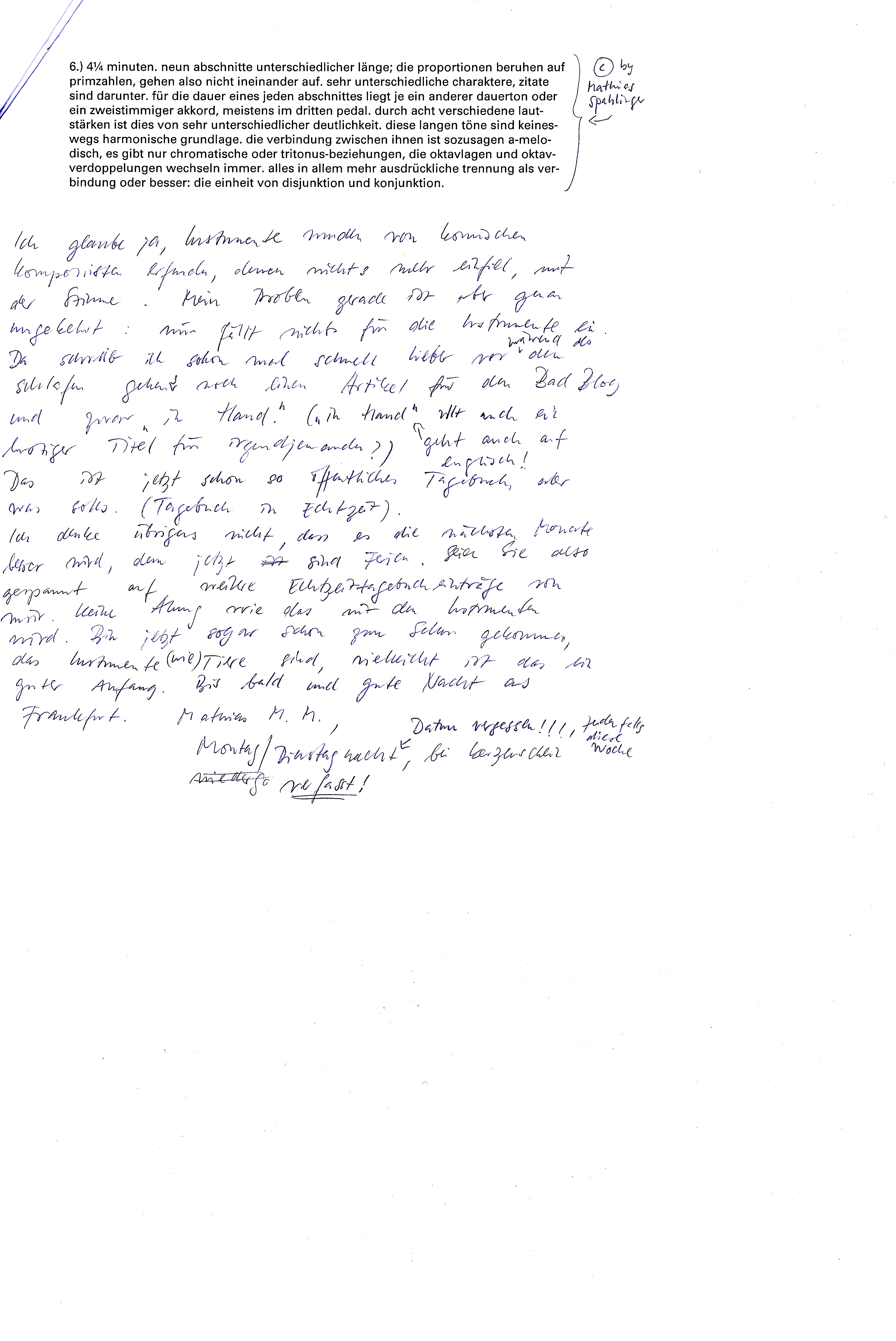 Nachtgedanken2 Das digitale Faksimile des Originals (Seite 2). Ober noch Teile eines Textes von mathias spahlinger, auf deren Rückseite ich den Text verfasste.
