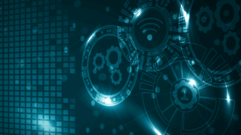 Résumé Contexte numérique avec des engrenages brillants, des modèles de circuits et des icônes de réseau symbolisant l'IoT, l'automatisation et l'intelligence prédictive.