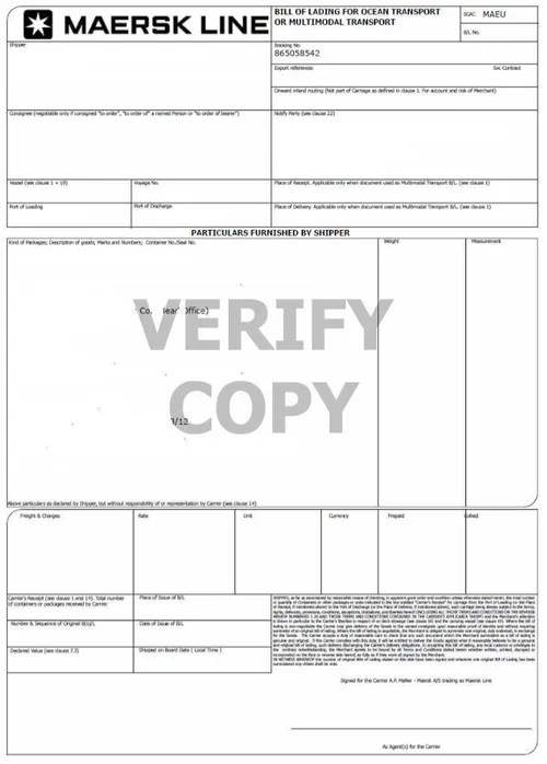 Example of the Master Bill of Lading document