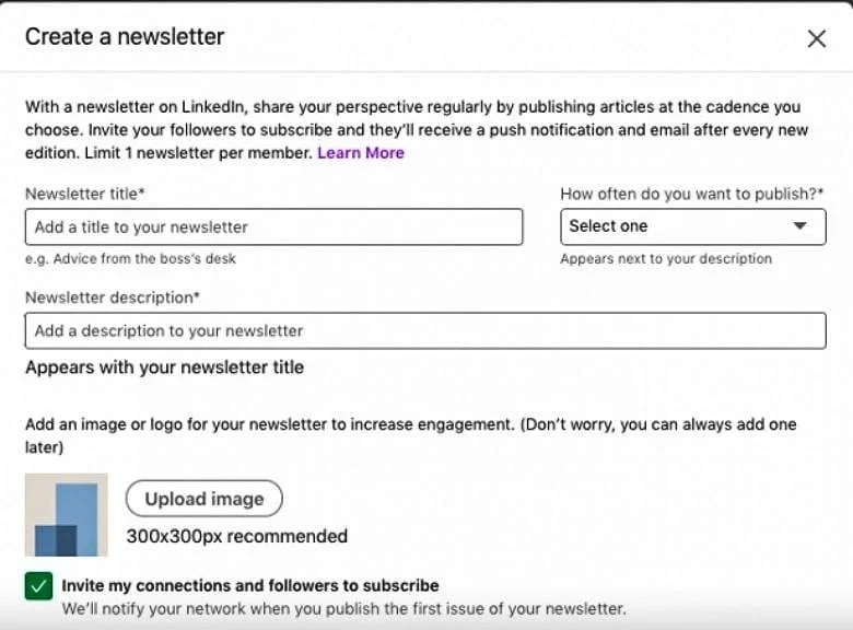 Screenshot of LinkedIn’s ‘Create Newsletter’ page showing options to enter the newsletter name, description, publishing frequency, and logo.