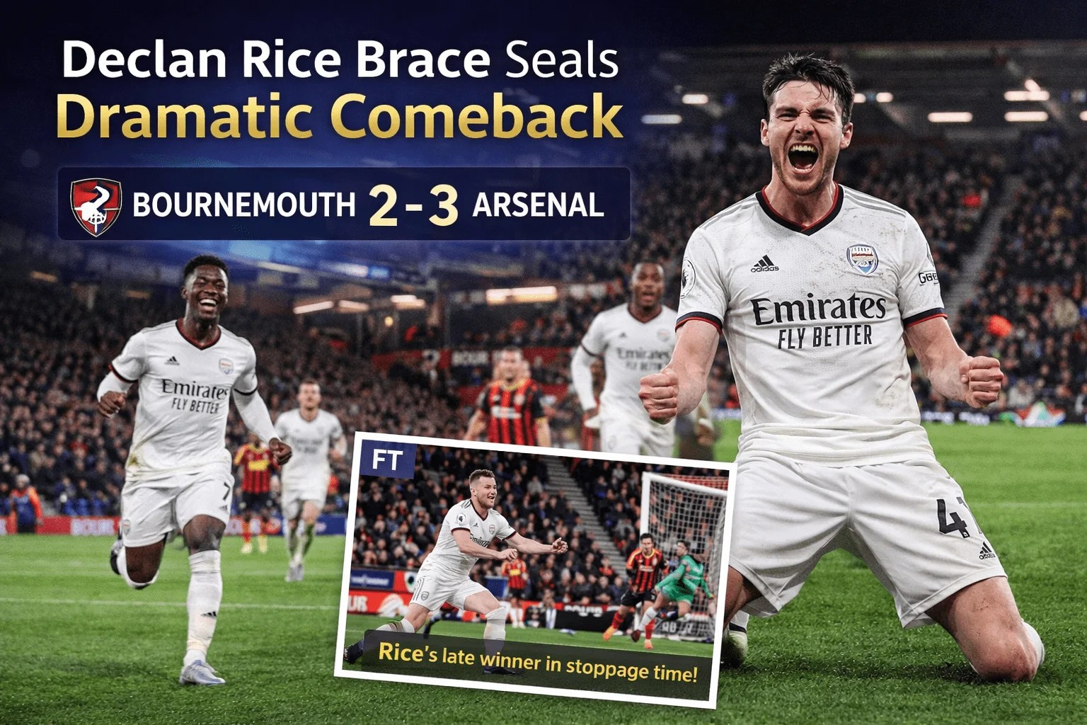 Bournemouth vs Arsenal: Declan Rice Brace Seals Dramatic 3-2 Comeback Win
