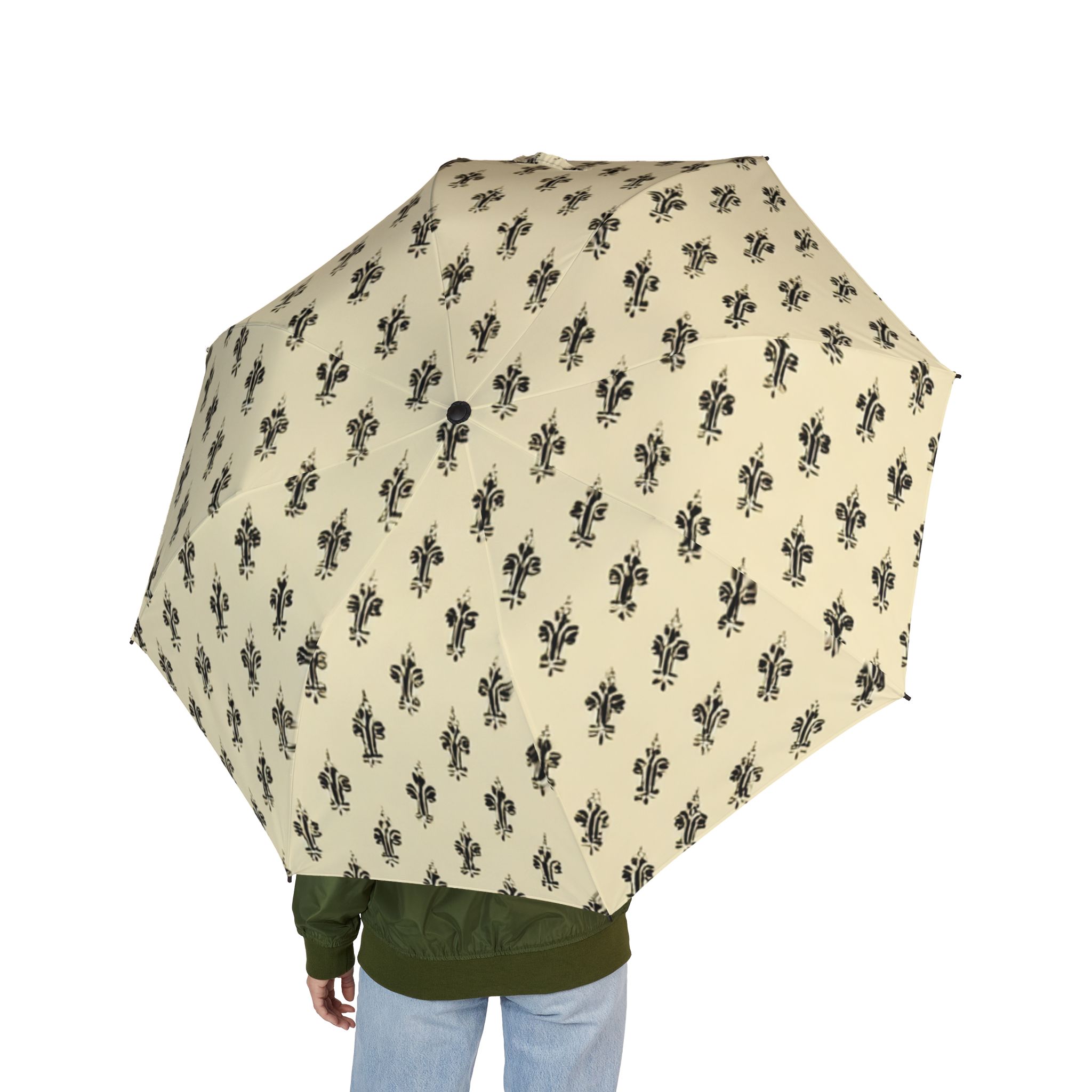 Semi - Automatic Compact Foldable Umbrella in Cream and Black Fleur-de-Lis by Bloom Hearty