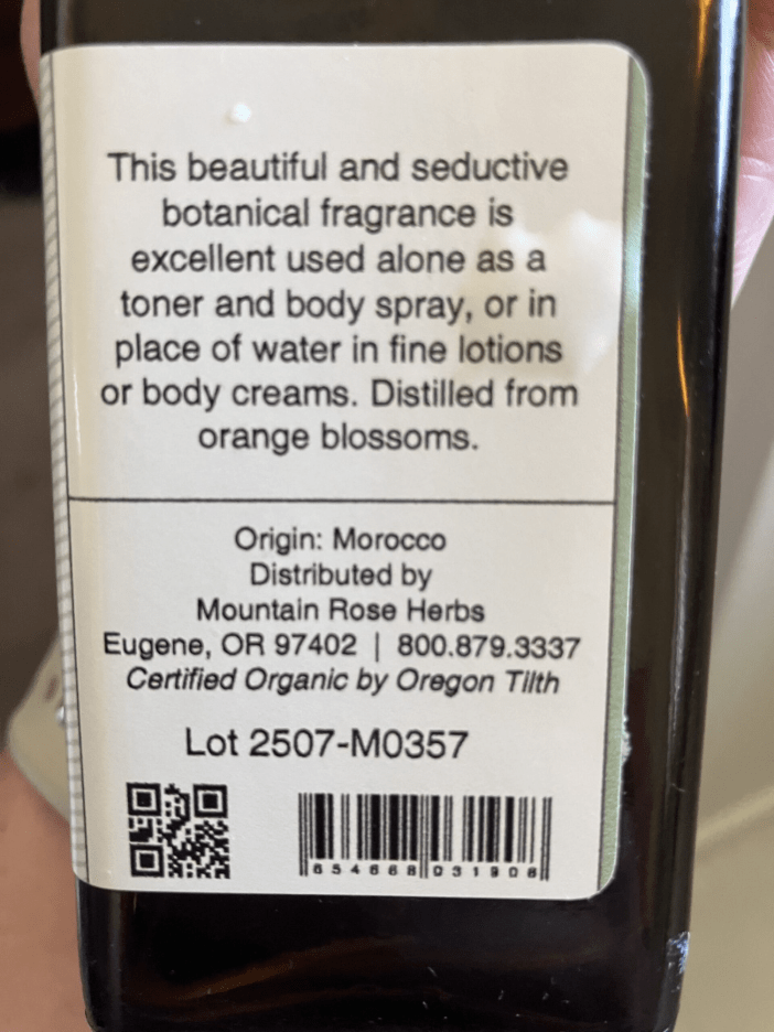 Neroli hydrosol back label