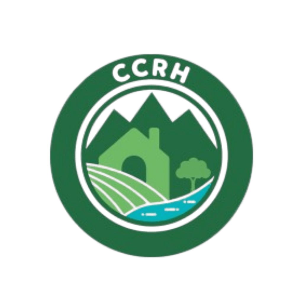 Logo featuring a green circular emblem with mountains, a house, a tree, and a river.