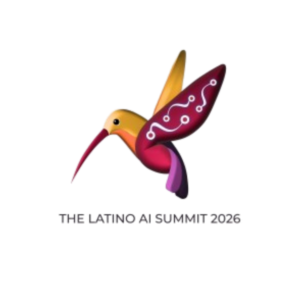 Colorful hummingbird graphic with circuit patterns, titled 'The Latino AI Summit 2023'