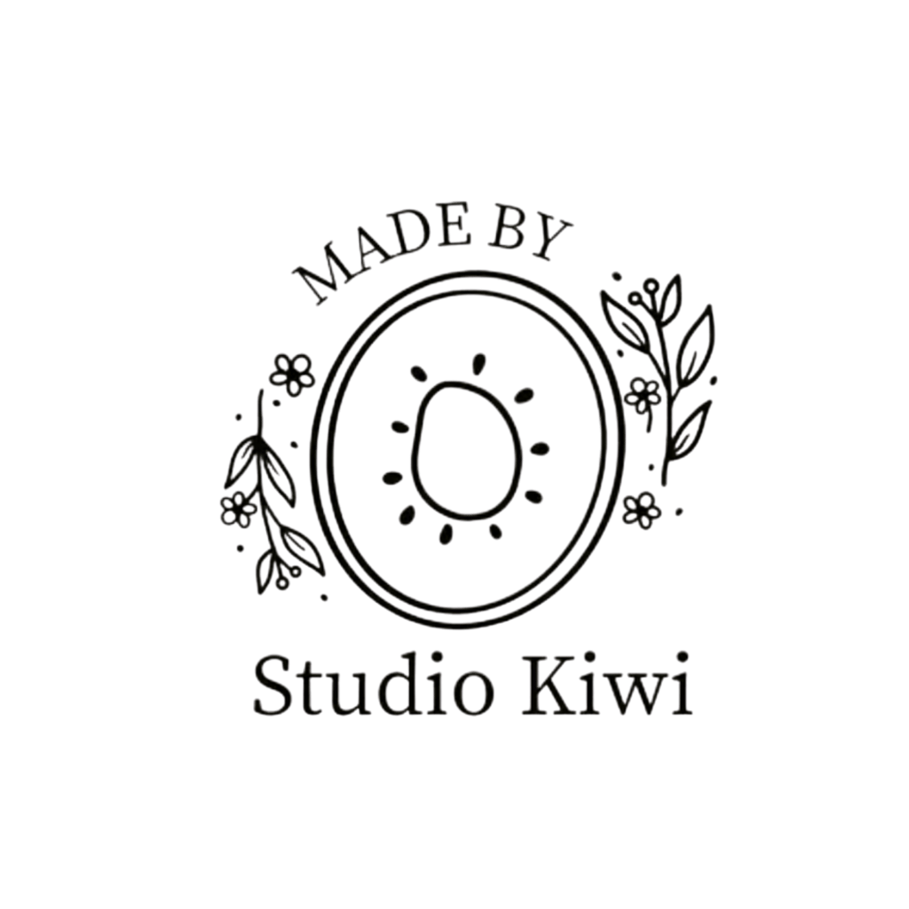 Logo featuring the text 'Made By' above an illustrated circular design resembling an avocado with flowers and leaves, and the text 'Studio Kiwi' below.