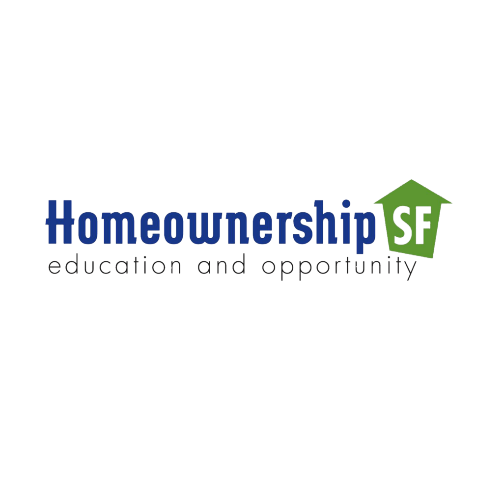 Logo of Homeownership SF featuring the text 'Homeownership SF' in blue with a green house graphic and the tagline 'education and opportunity' in black.
