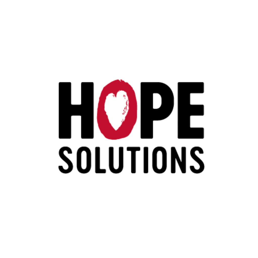Logo of Hope Solutions featuring the word 'HOPE' in bold black letters and 'SOLUTIONS' in smaller black letters below. The letter 'O' in 'HOPE' is encircled in red with a heart shape inside.