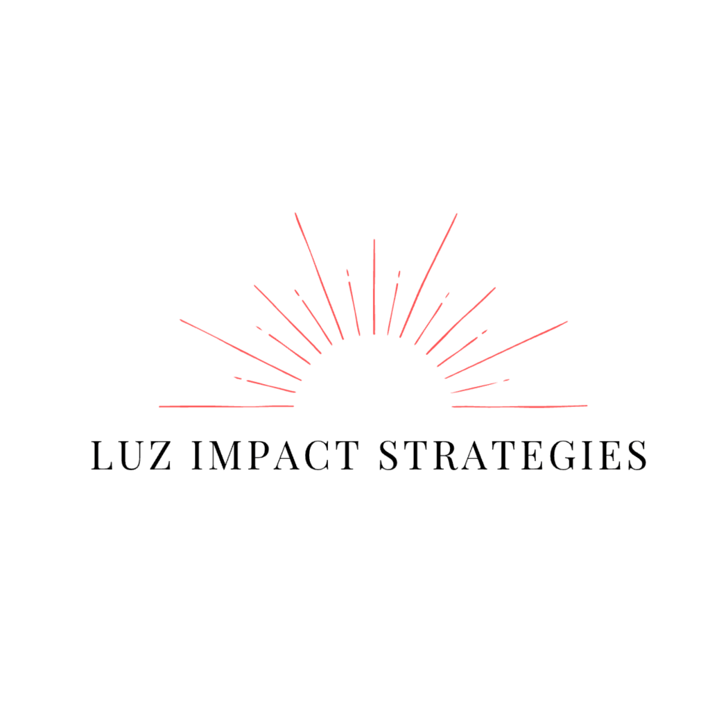 Logo of Luz Impact Strategies featuring a sunburst design with red rays above the text.