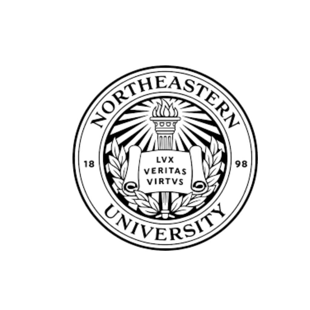 Seal of Northeastern University featuring a torch, laurel leaves, and the motto 'Lux Veritas Virtus'.