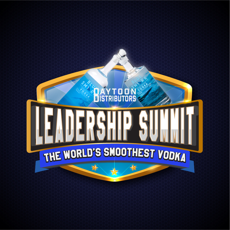 Logo for Leadership Summit by Baytoon Distributors featuring two vodka bottles and the slogan "The World's Smoothest Vodka" on a blue-gold shield banner.
