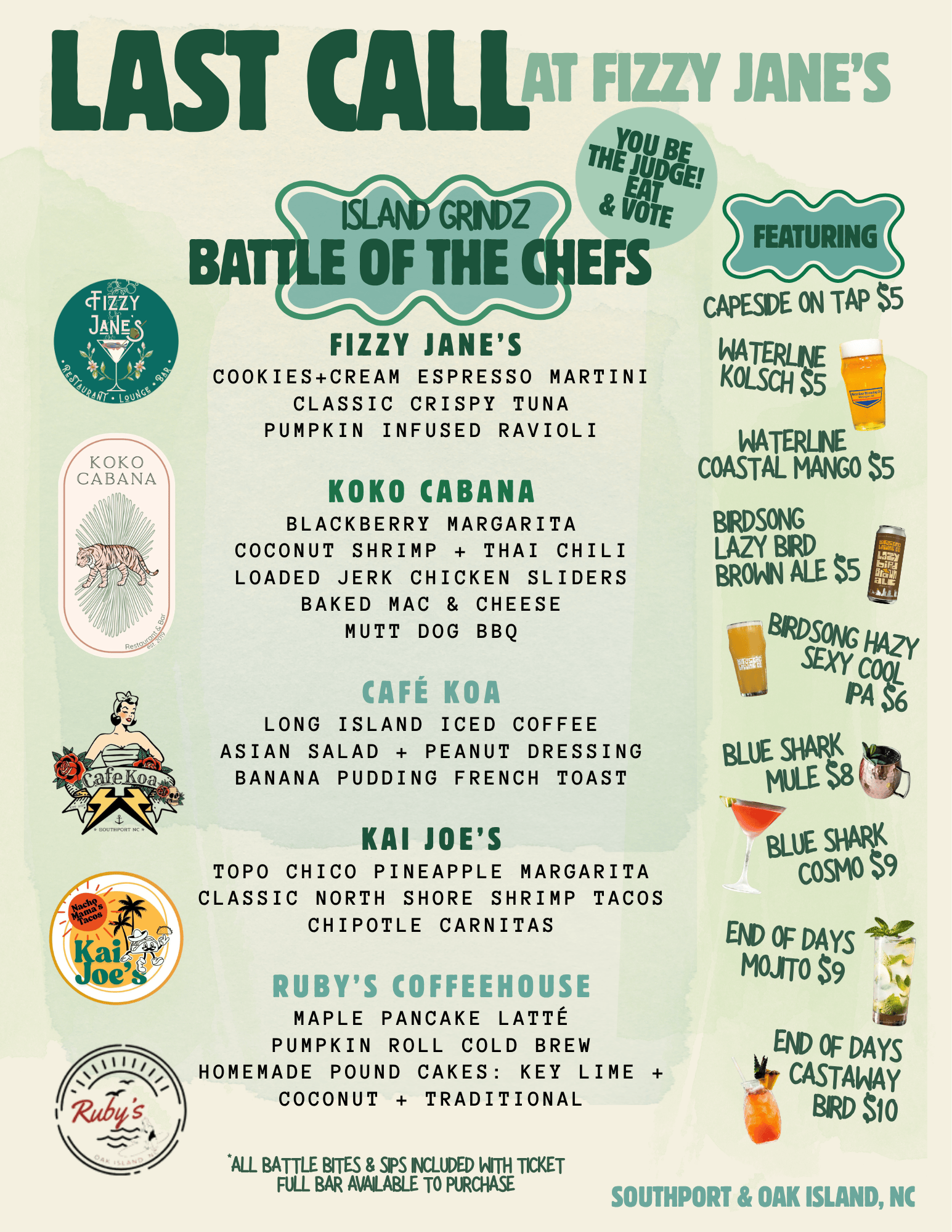 Colorful poster announcing 'Last Call at Fizzy Jane's' with 'Battle of the Chefs' and a drink menu thumbnail shapes and logos.