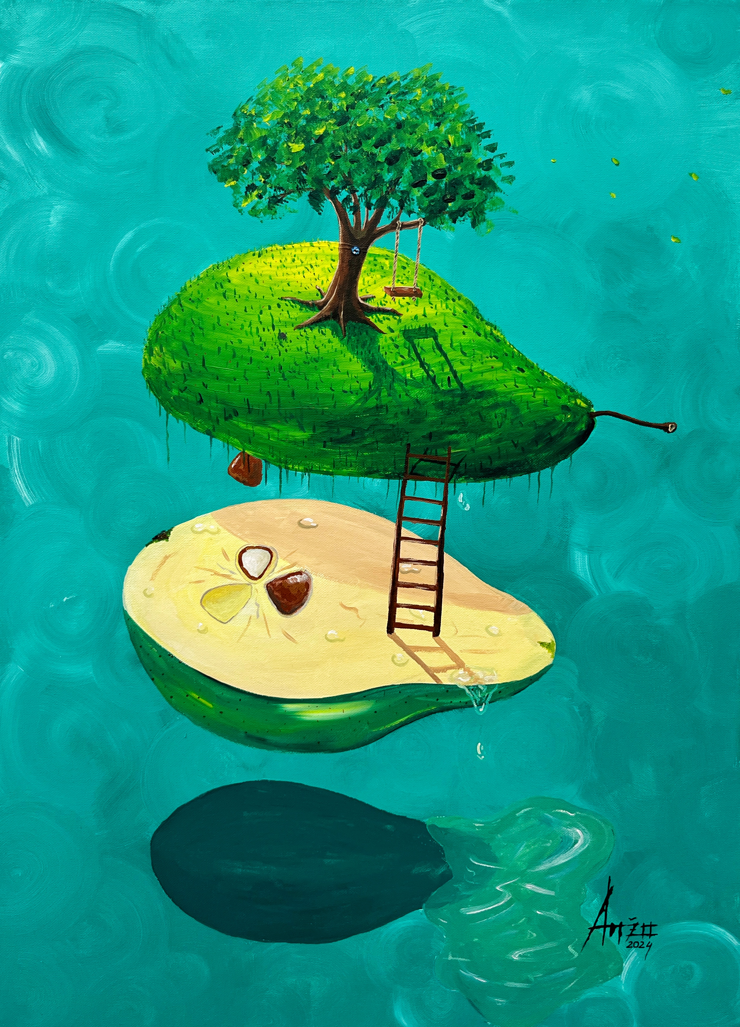 A surreal artwork featuring a green floating island shaped like a pear, with a lush tree and swing atop, and a staircase leading down to the split interior revealing seeds, set against a turquoise background.