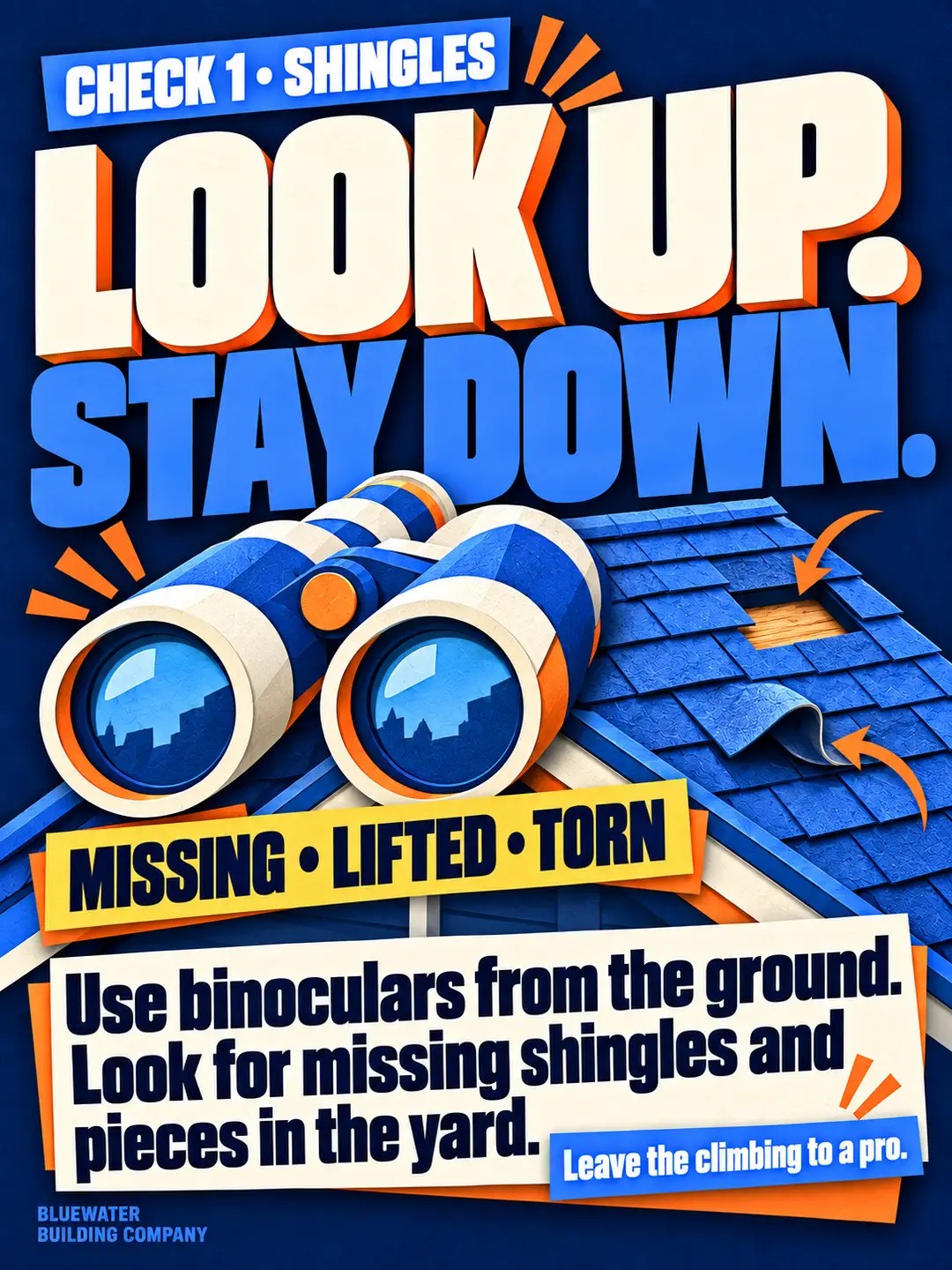 Check shingles from the ground with binoculars for missing, lifted or torn pieces; leave climbing to a professional.