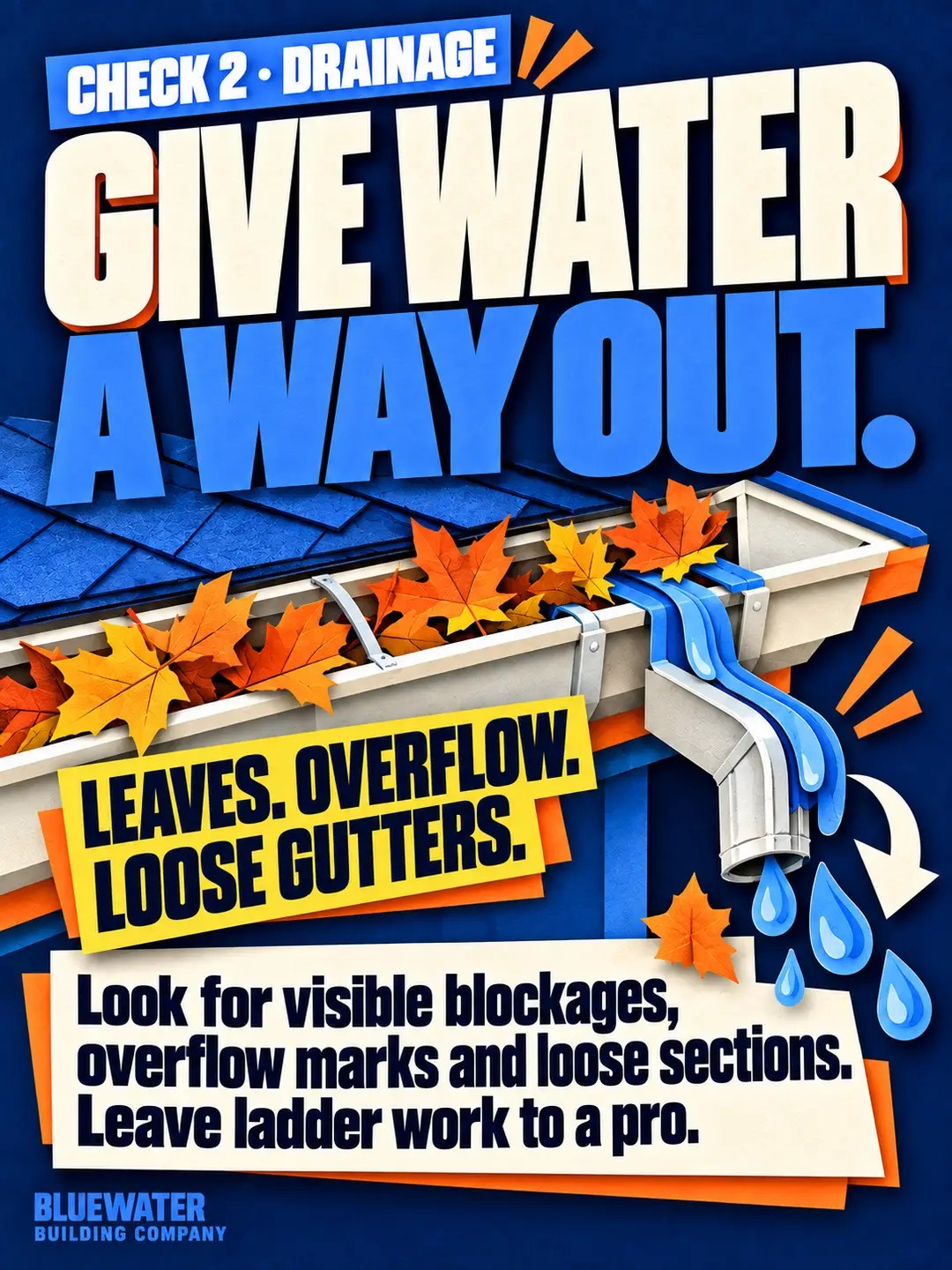 Look for visible gutter blockages, overflow marks and loose sections; leave ladder work to a professional.