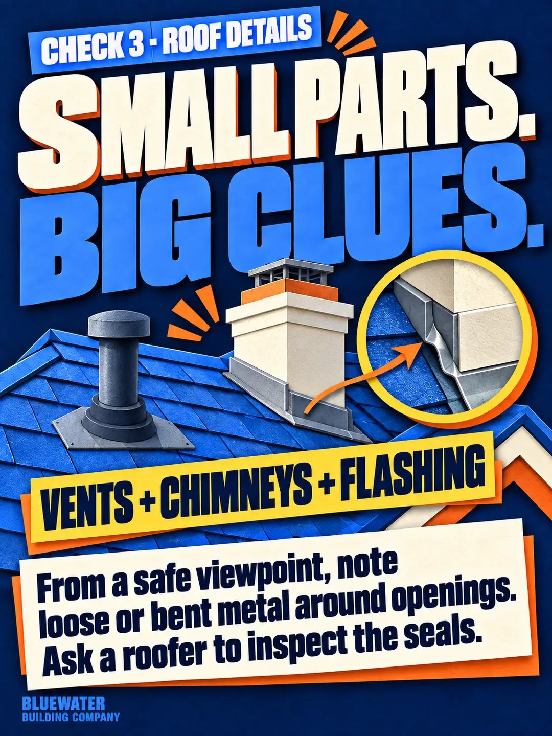 Check roof details around vents, chimneys and flashing from a safe viewpoint; have a roofer inspect seals.