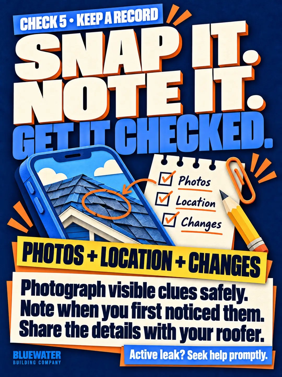 Photograph visible concerns safely and note their location and when they appeared. Seek prompt help for an active leak.