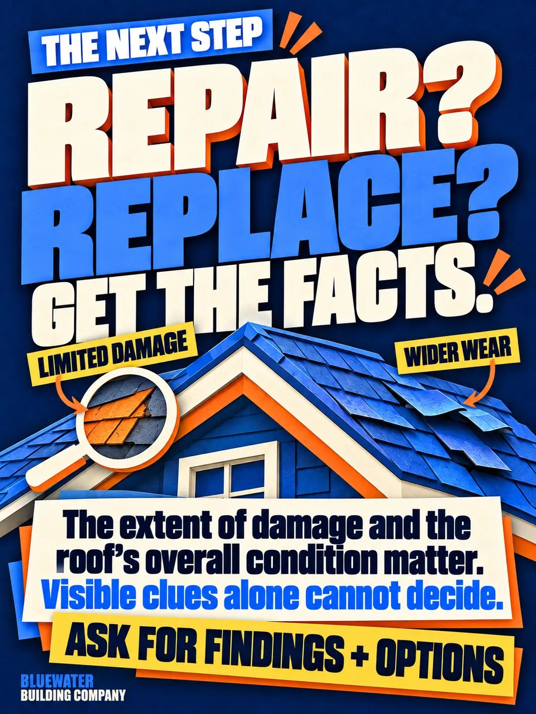 Repair or replacement depends on the extent of damage and overall roof condition. Ask for findings and options.