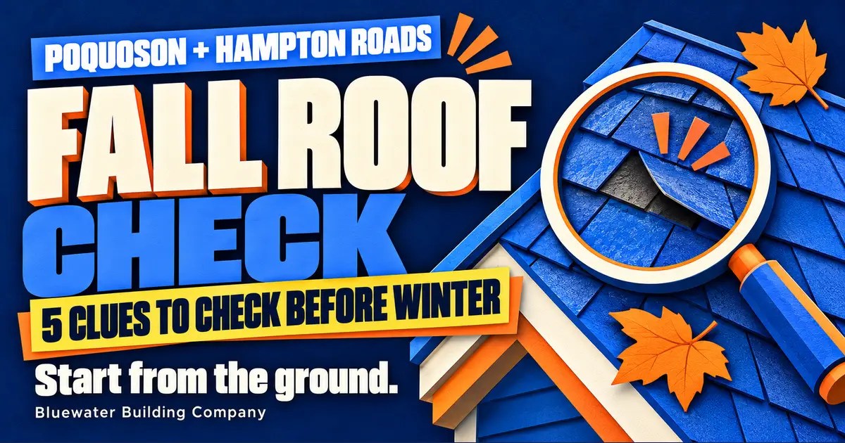 Illustrated fall roof checklist for Poquoson and Hampton Roads, with a roof, magnifying glass and autumn leaves.